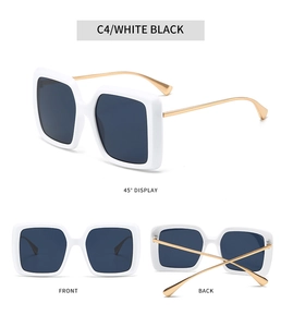 Affichage à trois vues de lunettes de soleil carrées avec monture blanche et branches dorées