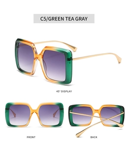 Vue détaillée des lunettes de soleil carrées dégradées avec branches en métal doré