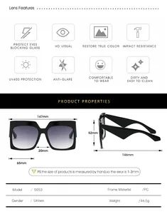Detailed size chart for square sunglasses showing 147mm width and PC frame specs