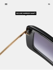 Détail de lunettes de soleil carrées montrant la charnière et les specs sur la branche