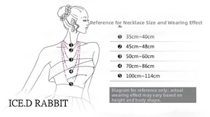 Visual length guide for geometric earrings showing wearing effects from 35cm to 114cm