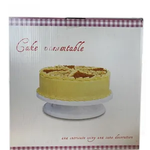 Detail of 28cm cake turntable packaging box showing 360-degree rotation function