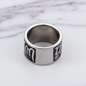 Retro stainless steel wide band ring with embossed religious mantra symbols for men