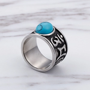 Retro stainless steel wide ring with blue turquoise stone and engraved vintage symbols