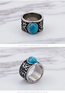 Detail view of retro titanium steel ring featuring turquoise stone and carved om symbols