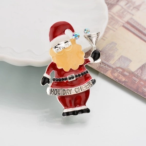 Festive Santa Claus brooch with Holiday Cheer inscription in alloy and sparkling crystals