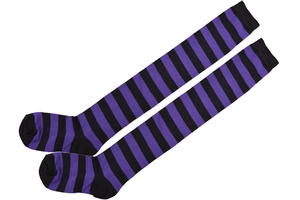 Detail of purple and black striped over-knee high socks in soft knitted cotton fabric