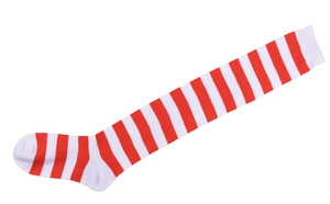 Detailed view of red and white striped over-knee socks in a flat lay knit texture
