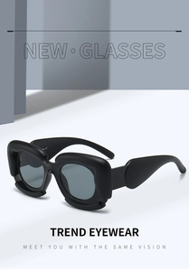Close-up of thick black rectangular frame sunglasses with dark grey tinted lenses