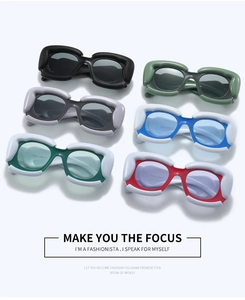 Close-up of puffy cloud-shaped sunglasses in six trendy colors with thick frames