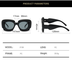 Detailed size specifications of black thick-frame square sunglasses with PC material
