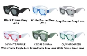 Detailed grid view of chunky irregular square sunglasses in six assorted color combinations