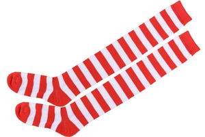 Close-up of red and white striped over-the-knee socks with knitted texture details