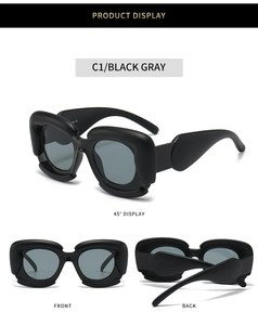 Three-angle macro view showing front and side profile of matte black square sunglasses