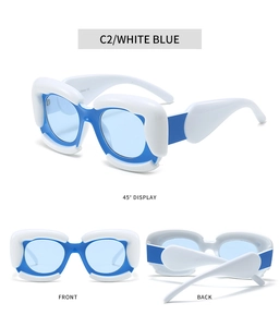 Detailed views of square cloud-shaped sunglasses in white and blue with translucent lenses