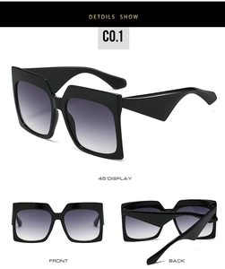 Detailed multi-angle views of square oversized sunglasses with black thick frames and gray lenses