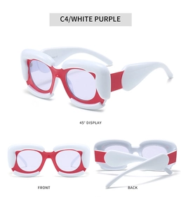 Three views of white square sunglasses with red inner rims and purple tinted lenses