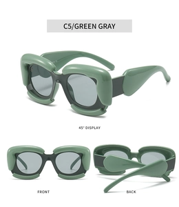 Three perspectives of olive green bubble frame sunglasses with gray lenses C5 model