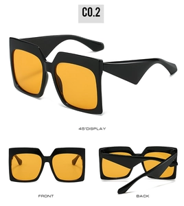 Three views of square oversized sunglasses with black frames and bright orange lenses