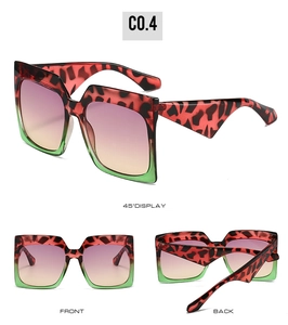 Three views of square oversized sunglasses with red leopard print and gradient lenses