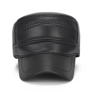 Classic black faux leather military cap for men featuring a textured flat top and ear flaps