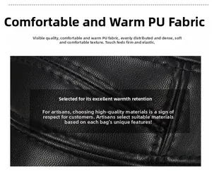 Close-up of premium black PU leather texture with high-quality stitching on earflap cap