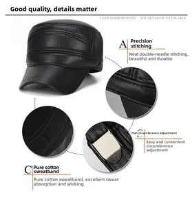 Detail of men's leather flat top cap showing double stitching and adjustable metal buckle