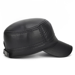 Classic black faux leather military cap for men with adjustable buckle and side stitching