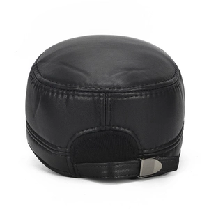Men's black faux leather flat top hat with adjustable back strap for winter warmth