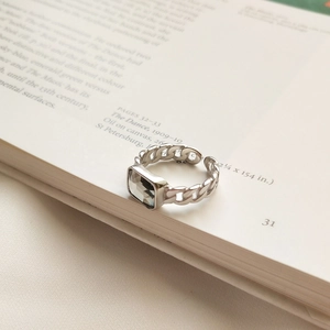 Minimalist S925 sterling silver cuban chain open ring with a rectangular cubic zirconia stone