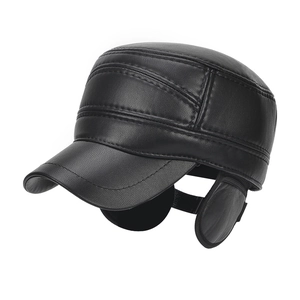 Men's winter faux leather flat top cap with earflaps in black for outdoor warmth