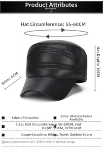 Size chart showing dimensions for men's PU leather flat top cap with ear protection