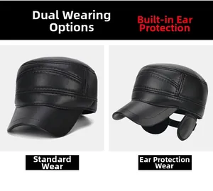 Men's winter flat top cap with dual-style ear flaps and smooth leather texture