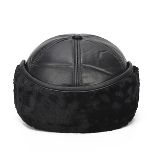 Winter faux leather baseball cap for men with thick black fur earflaps and warm lining