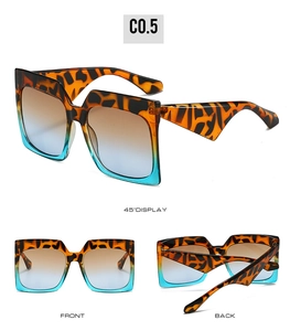 Detailed views of square leopard print sunglasses with brown to blue gradient lenses