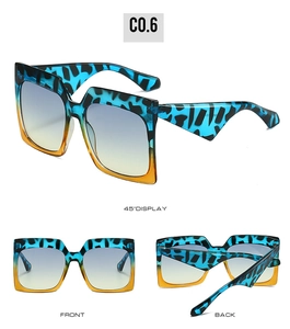 Multiple views of oversized square sunglasses featuring blue leopard print frames