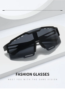 Detail of all-black futuristic sports sunglasses featuring a top cutout frame design