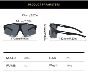 Detailed size parameters and dimensions of the black oversized sports cycling sunglasses