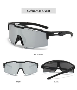 Detailed views of matte black sports sunglasses with silver mirrored lenses from three angles