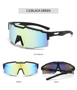 Detail view of matte black sports sunglasses with colorful coated lenses for cycling
