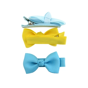 Three handmade grosgrain ribbon bow hair clips in light blue and yellow for girls