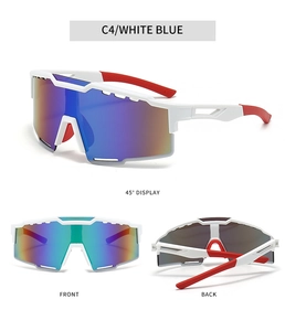 Detail views of sports cycling sunglasses with white frame and blue-purple mirrored lens