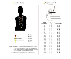 Size guide with necklace length chart and ring circumference measurement instructions
