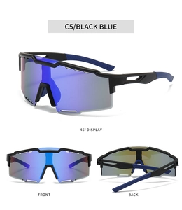 Three-angle view of black blue sports cycling sunglasses with anti-fog vents and rubber tips
