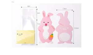 Detailed size specifications for cute rabbit candy packaging cards and stickers