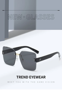 Detail of square rimless sunglasses with gradient grey lenses and textured temples