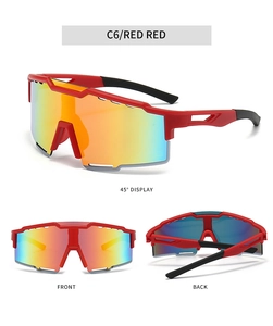 Three-angle view of red sports sunglasses with orange gradient lens and non-slip pads