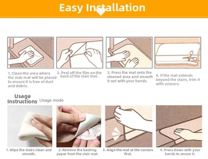 Step-by-step installation guide for self-adhesive anti-slip stair mats with cutting detail