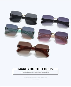 Flat lay of five rimless square sunglasses in gradient colors with anti-slip temples