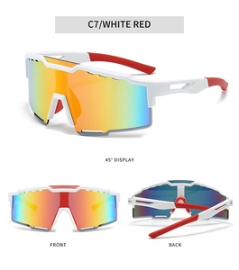 Detail view of white sport sunglasses with red anti-slip rubber tips and colorful lens